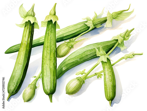 Watercolor illustration of green okras on white background 