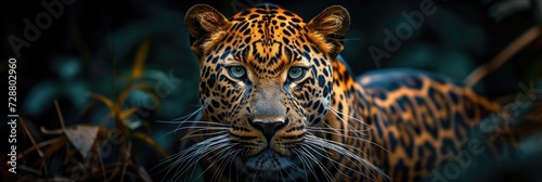 Javan Leopard's Gaze: Distinctive Rosettes on Golden Fur, Finely Detailed Whiskers Against a Dusky Rainforest Backdrop. © Landscape Planet