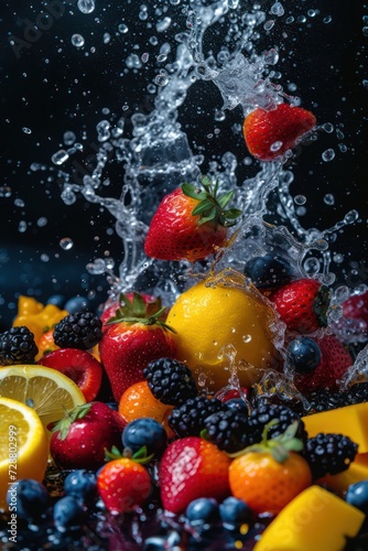 Fresh fruits with a sharp focus  enhanced by splashes of water.