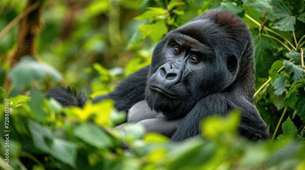 Profound Fur Details Amidst Lush Greenery, A Mountain Gorilla in Its Dense Forest Habitat. Profound Fur Details Amidst Lush Greenery, A Mountain Gorilla in Its Dense Forest Habitat.