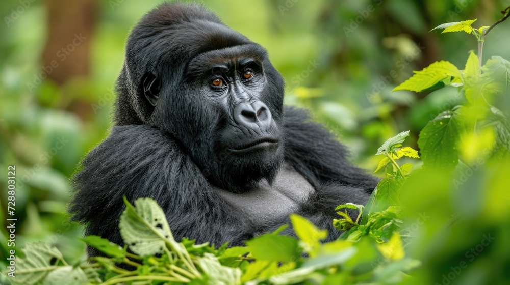 Profound Fur Details Amidst Lush Greenery, A Mountain Gorilla in Its Dense Forest Habitat.