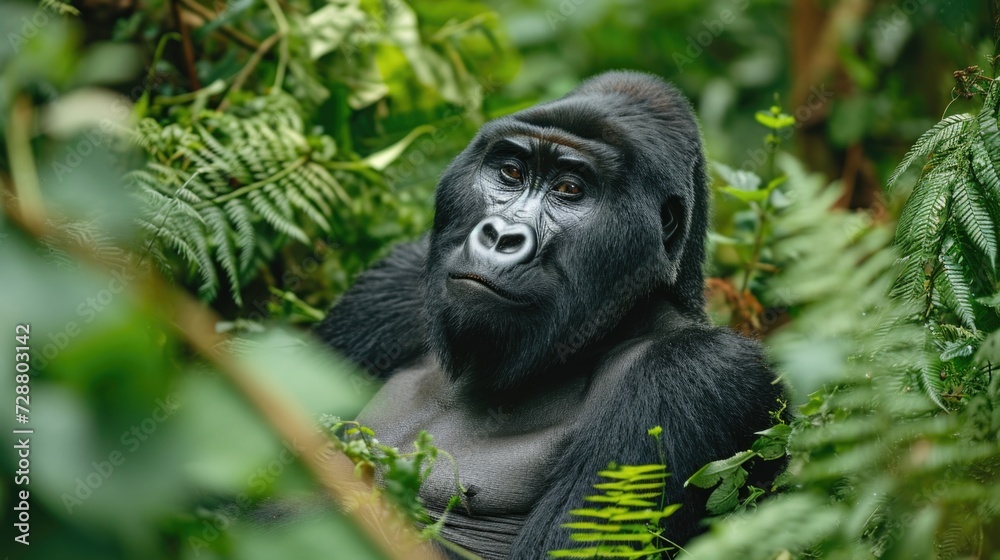 The Quiet Majesty of the Forest: A Silverback Gorilla Sits Amidst Vibrant Greenery, Its Fur a Tapestry of Black and Gray.