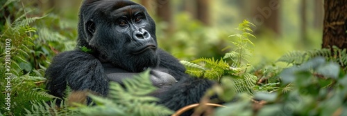 Detailed Portrait of a Contemplative Silverback Gorilla, Enveloped by the Dense Foliage of Its Forest Home.