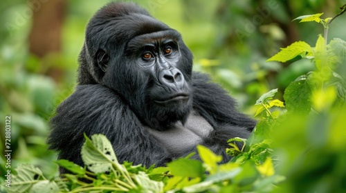 Profound Fur Details Amidst Lush Greenery, A Mountain Gorilla in Its Dense Forest Habitat.