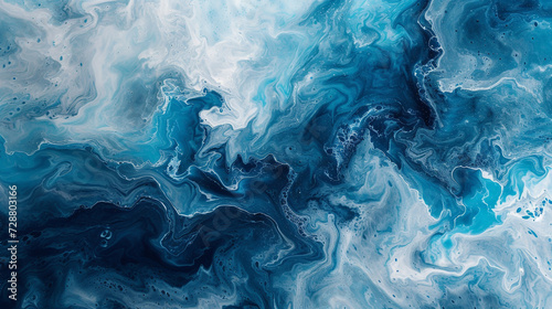 A marble slab with an abstract painting in shades of blue and white, resembling a serene ocean. 