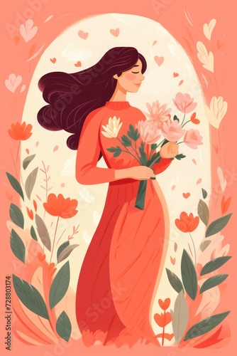 Women's Day celebration: Hand-drawn postcard with delicate flowers and a cute girl in an illustration for March 8.