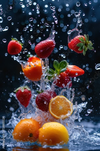 Vibrant fruits showcased with precise focus, heightened by water splashes.