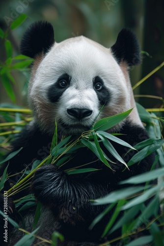 Tranquil Bamboo Munching  A Giant Panda Enjoys Its Meal  Surrounded by Lush Greenery  Showcasing Its Iconic Fur Pattern.