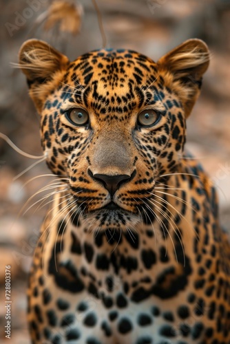 The Predator's Stare: An Indian Leopard's Intense Eyes and Detailed Fur, Captured Up Close in Its Rocky, Vegetated Habitat.