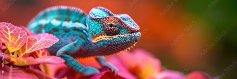 The Art of Camouflage: Close-Up of a Chameleon on a Flower, Its Colors Blending with the Surrounding Reds and Greens, Eye Intently Focused. The Art of Camouflage: Close-Up of a Chameleon on a Flower, Its Colors Blending with the Surrounding Reds and Greens, Eye Intently Focused.