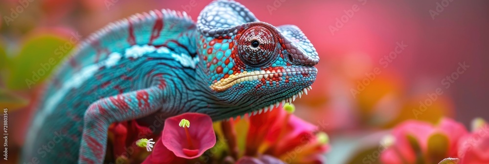 Vivid Encounter: Chameleon on Flower with Colorful Skin and Piercing Eye Gaze, Surrounded by a Burst of Floral Reds and Greens.
