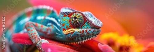Chameleon's Gaze: A Striking Close-Up with Vibrant Skin Against a Colorful Floral Backdrop, Eye Locked with the Viewer. © Landscape Planet