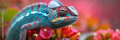 Vivid Encounter: Chameleon on Flower with Colorful Skin and Piercing Eye Gaze, Surrounded by a Burst of Floral Reds and Greens. © Landscape Planet