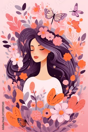 March 8 postcard illustration: Celebrate International Women's Day with a delicate design featuring a cute girl and beautiful flowers.