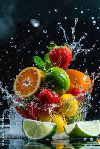 Vibrant fruits showcased with precise focus  heightened by water splashes.