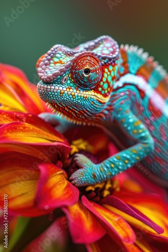 The Art of Camouflage: Close-Up of a Chameleon on a Flower, Its Colors Blending with the Surrounding Reds and Greens, Eye Intently Focused.