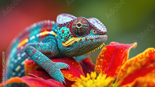 Chameleon's Gaze: A Striking Close-Up with Vibrant Skin Against a Colorful Floral Backdrop, Eye Locked with the Viewer.
