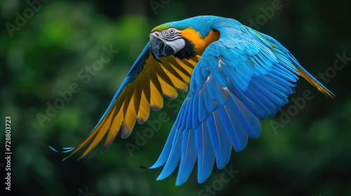 Wings of Beauty: A Blue Parrot Captured in Dynamic Flight, Its Vivid Feathers Contrasting with the Dark Greenery of the Forest.