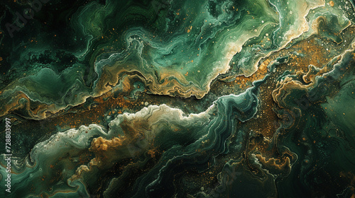 A marble slab with an abstract painting in shades of green and brown, resembling a lush jungle. 