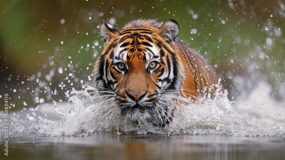 Naklejka premium Majestic Tiger's Aquatic Dance: Intense Gaze Amidst Splashes, Showcasing Strength and Grace in Every Wet Fur Detail.