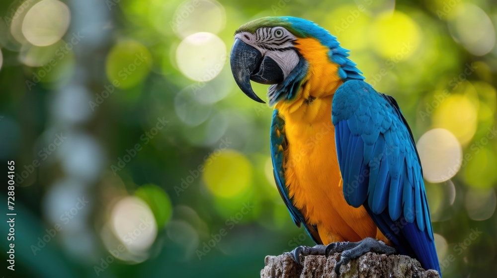 In Nature's Spotlight: Blue and Yellow Macaw with Detailed Beak and Eyes, Perched Elegantly on Bark, Soft-Focus Isolation.