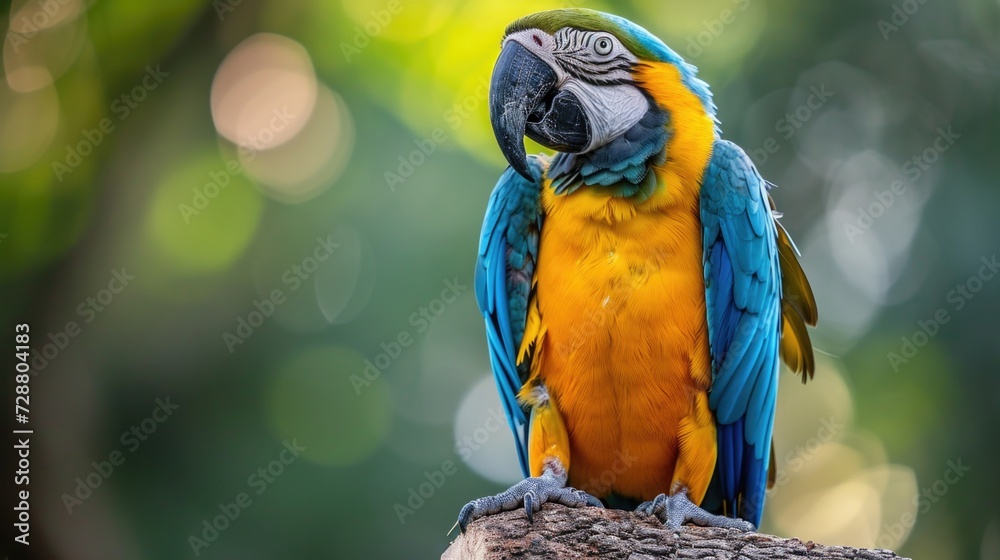 Central Figure in Feathers: Striking Blue and Yellow Macaw, Textured Perch Highlighted with Intricate Facial Details. Central Figure in Feathers: Striking Blue and Yellow Macaw, Textured Perch Highlighted with Intricate Facial Details.