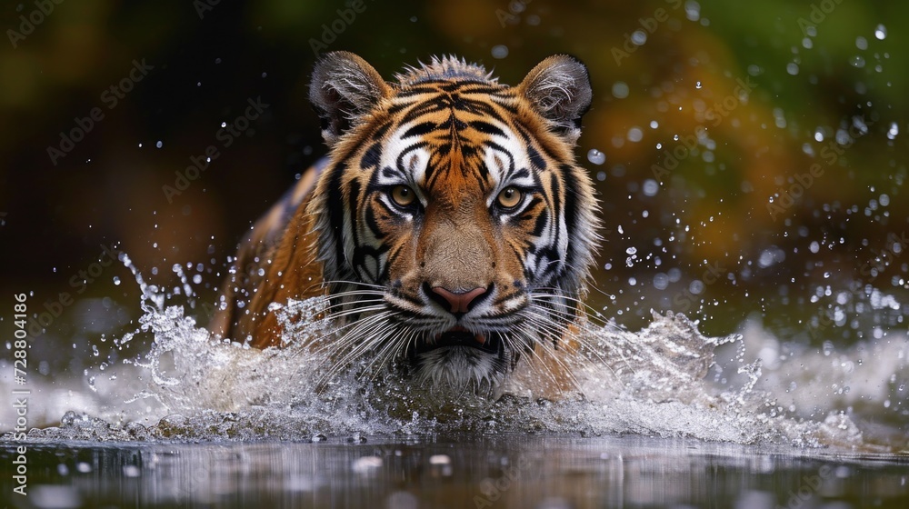 Force of Nature: A Tiger Charging Through Water, Its Coat Glistening, Eyes Locked in Concentration, Ripples Marking Its Path.