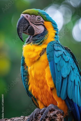 Vibrant Perch: A Macaw's Blue and Yellow Splendor, Detailed Beak and Eyes Against Soft-Focused Backdrop.