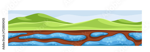 Under earth layer concept. Ground and soil, land. Archeology and paleontology. Diamonds and minerals underground. Poster or banner. Cartoon flat vector illustration isolated on white background