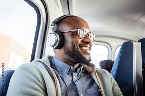 Man Wearing Headphones Sitting in a Bus