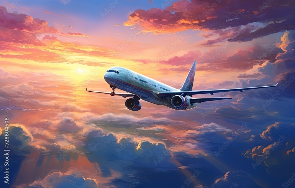 A Painting of an Airplane Flying in the Sky