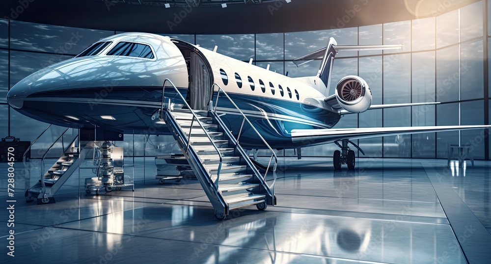 Private jet parked in hangar with stairs. Private jet parked in hangar with stairs.