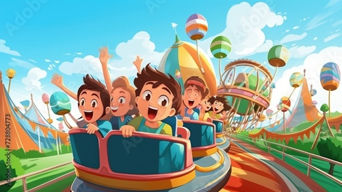 The captivating illustration captures the carousel as the star attraction in the children's amusement park, where kids revel in the sheer magic of the lively ride.