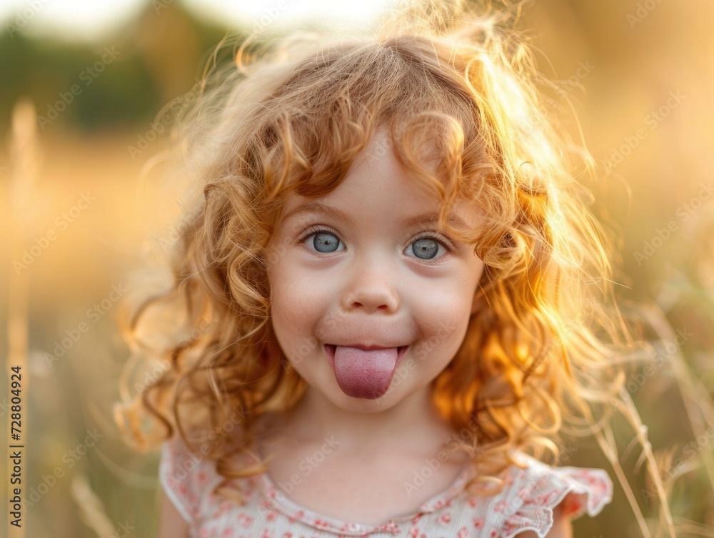 A little girl with curly hair sticking out her tongue. Generative AI. A little girl with curly hair sticking out her tongue. Generative AI.