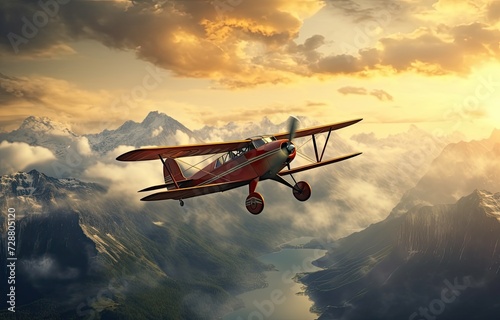 Small Plane Soaring Above Majestic Mountain Range
