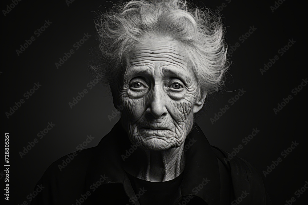 Monochrome portrait of an old sad woman on a black background. Monochrome portrait of an old sad woman on a black background.