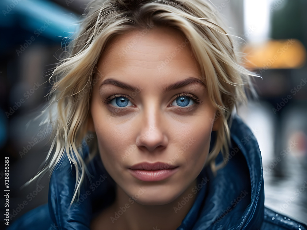 Portrait of a beautiful woman with blue eyes and blonde messy hair, looking at the camera, in the street. Portrait of a beautiful woman with blue eyes and blonde messy hair, looking at the camera, in the street.