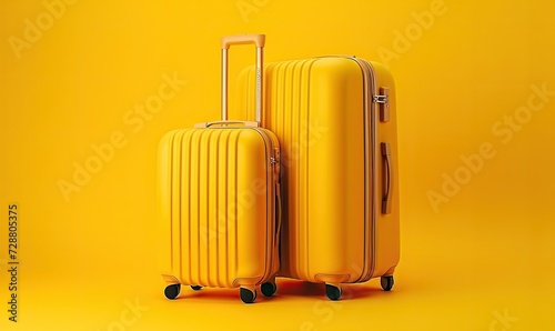 Two yellow suitcases on wheels against a yellow background.