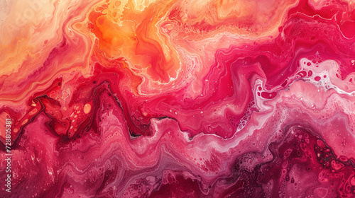 A marble slab with an abstract painting in shades of red and pink, resembling a vibrant sunset. 