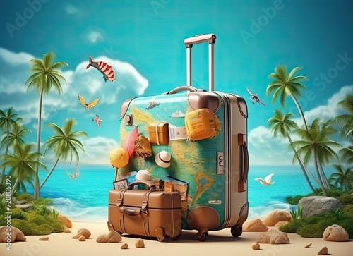 Colorful Travel Luggage Surrounded by Tropical Scenery With Palms and Sandy Beach