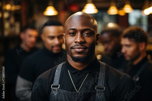 Culinary Leadership: A Black Chef Stands Proudly in Front of His Team, Exuding Confidence and Expertise in the Kitchen