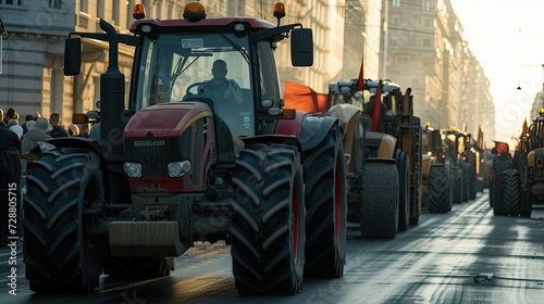 farmers gather in the city with their modern tractors during a strike, highlighting the clash of agricultural livelihoods against urban landscapes. © lililia