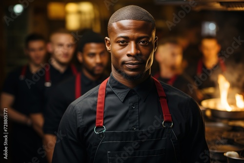 Culinary Excellence: With Confidence and Grace, the Black Chef Stands Before His Team, Setting the Standard for Culinary Innovation