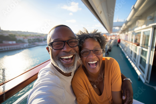 Happy middle aged interracial couple taking selfie on cruise ship. photo