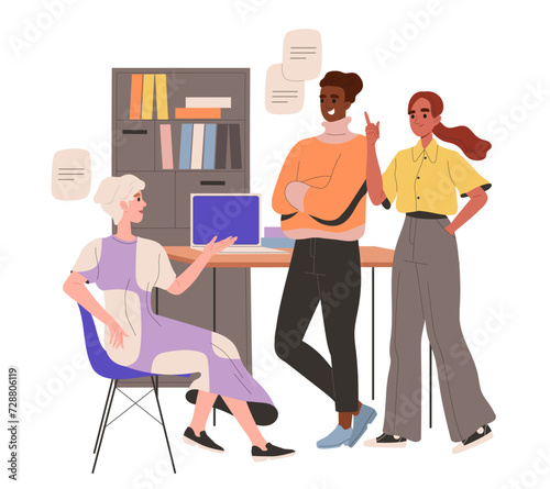 Working in office in team concept. Collaboration and cooperation. Brainstorm and discussion. Workers and colleagues. Poster or banner. Cartoon flat vector illustration isolated on white background