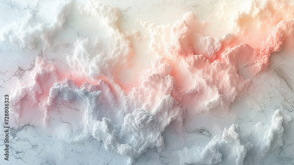 A minimalistic and elegant abstract painting on a marble slab with pastel pink and light gray colors, resembling a cloudy sky. 