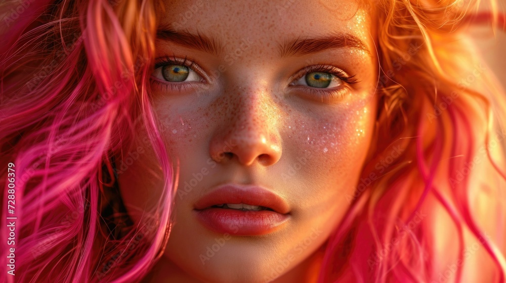 A close up of a woman with pink hair. Generative AI.
