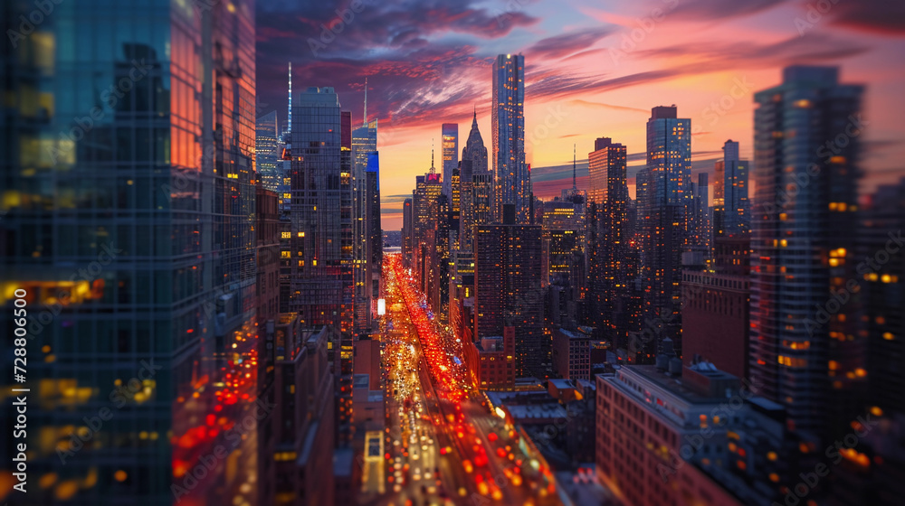 Fototapeta premium cityscape at twilight, with sharp details of skyscrapers, vibrant street lights, cars in motion, and a dramatic sunset sky, employing a dynamic urban composition and vivid colors
