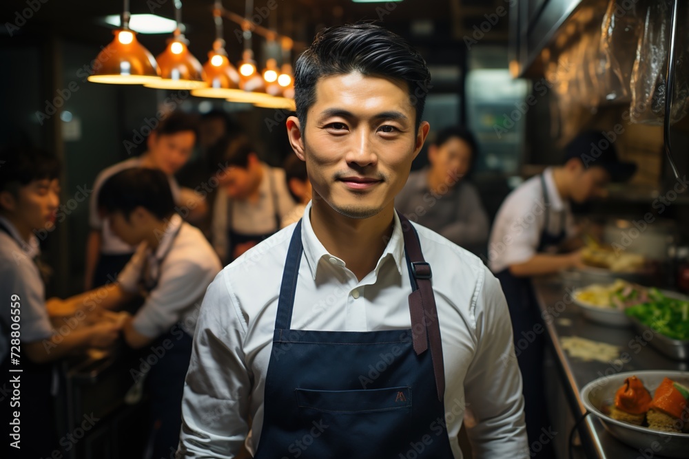 Fototapeta premium Leadership in the Kitchen: With Authority and Skill, the Asian Chef Stands Before His Team, Directing Them Towards Culinary Brilliance