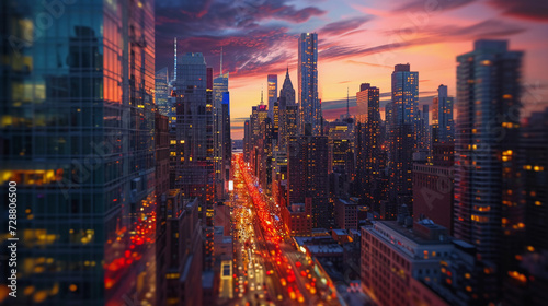 cityscape at twilight, with sharp details of skyscrapers, vibrant street lights, cars in motion, and a dramatic sunset sky, employing a dynamic urban composition and vivid colors